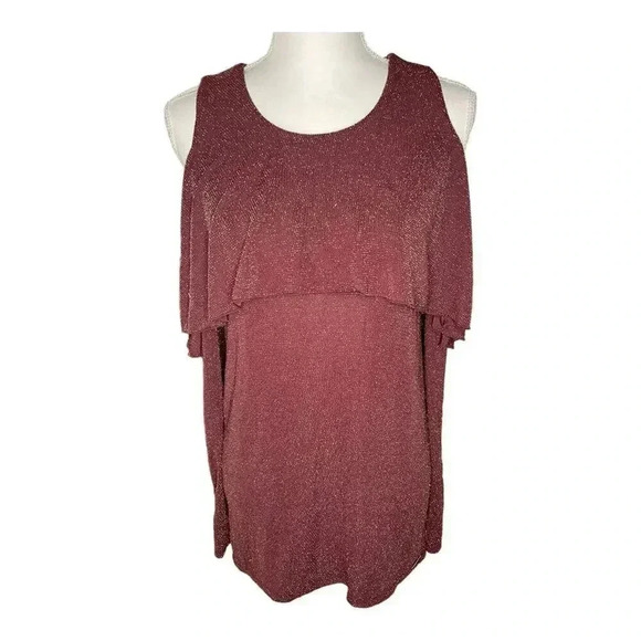 MICHAEL Michael Kors Tops - Michael Kors Women’s Medium Cold Shoulder Ruffle Gold Burgundy Top‎